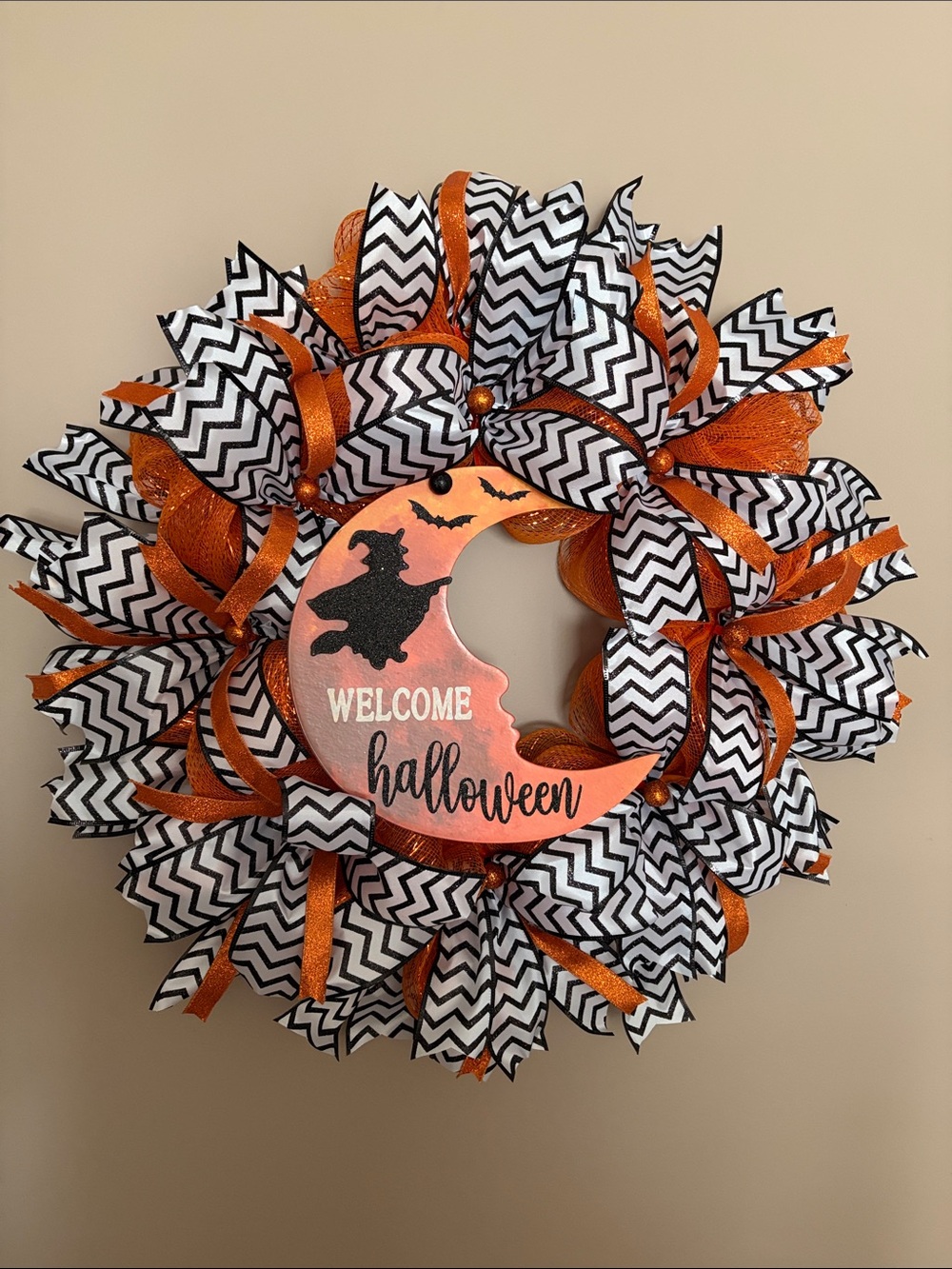 Halloween Welcome Wreath with Orange and Black Chevron Ribbons